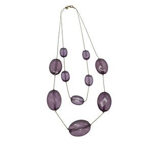 Vintage V Signed Double Strand Purple Glass Beaded Necklace With Gold Tone Chain